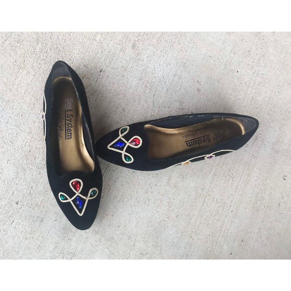 vintage 80s COLORFUL JEWELS black suede pointy FLATS unique avant garde rainbow - Picture 5 of 10